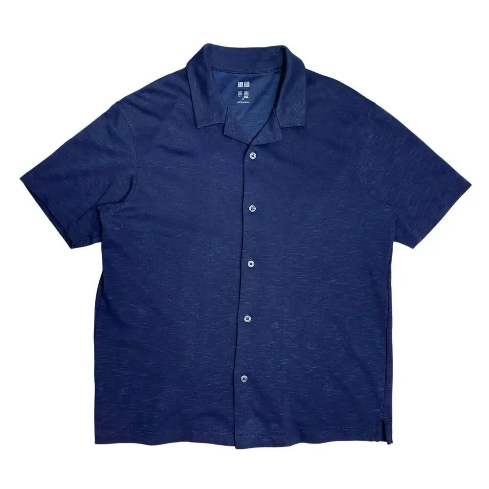 Uniqlo | Men | AIRism Navy Cotton Open Collar SS Button Up Shirt | Small